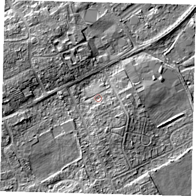 Shaded relief map of the ground around DN401LP, computed from Environment Agency LiDAR. The ground here sits at about 5 m above sea level and falls 7 m across the surrounding 800 m. Surface water reaching this point runs off ground lying to the south, 1.2 m higher.