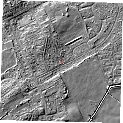 Shaded relief map of the ground around DN401LQ, computed from Environment Agency LiDAR. The ground here sits at about 4 m above sea level and falls 8 m across the surrounding 800 m. Surface water reaching this point runs off ground lying to the west-north-west, 2.2 m higher.