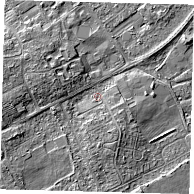 Shaded relief map of the ground around DN401LR, computed from Environment Agency LiDAR. The ground here sits at about 4 m above sea level and falls 7 m across the surrounding 800 m. Surface water reaching this point runs off ground lying to the west-north-west, 4.5 m higher.