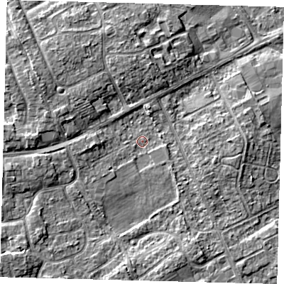 Shaded relief map of the ground around DN401ND, computed from Environment Agency LiDAR. The ground here sits at about 5 m above sea level and falls 7 m across the surrounding 800 m. Surface water reaching this point runs off ground lying to the west-south-west, 3.8 m higher.