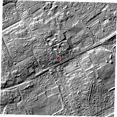 Shaded relief map of the ground around DN401PT, computed from Environment Agency LiDAR. The ground here sits at about 6 m above sea level and falls 8 m across the surrounding 800 m. Surface water reaching this point runs off ground lying to the west-north-west, 1.5 m higher.