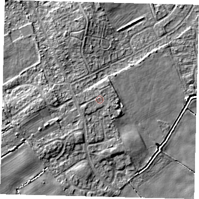 Shaded relief map of the ground around DN401PZ, computed from Environment Agency LiDAR. The ground here sits at about 5 m above sea level and falls 8 m across the surrounding 800 m. Surface water reaching this point runs off ground lying to the west-south-west, 0.6 m higher.