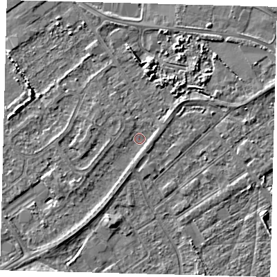 Shaded relief map of the ground around DN401QD, computed from Environment Agency LiDAR. The ground here sits at about 3 m above sea level and falls 4 m across the surrounding 800 m. Surface water reaching this point runs off ground lying to the north, 3.2 m higher.