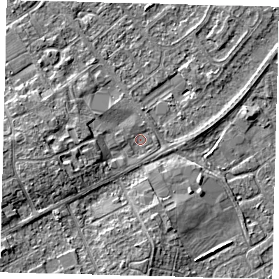 Shaded relief map of the ground around DN401QF, computed from Environment Agency LiDAR. The ground here sits at about 3 m above sea level and falls 7 m across the surrounding 800 m. Surface water reaching this point runs off ground lying to the west-south-west, 4.9 m higher.