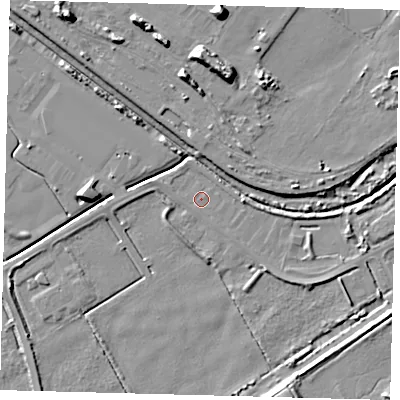 Shaded relief map of the ground around DN401QP, computed from Environment Agency LiDAR. The ground here sits at about 2 m above sea level and falls 12 m across the surrounding 800 m. Surface water reaching this point runs off ground lying to the south-east, 2.7 m higher.