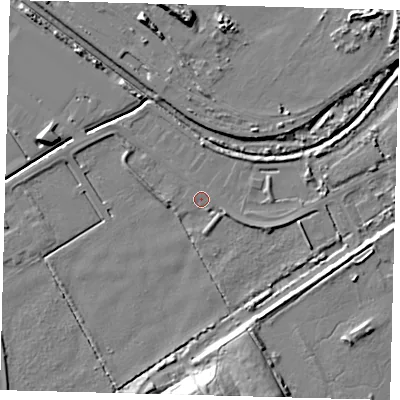 Shaded relief map of the ground around DN401QR, computed from Environment Agency LiDAR. The ground here sits at about 2 m above sea level and falls 12 m across the surrounding 800 m. Surface water reaching this point runs off ground lying to the north-north-west, 0.7 m higher.