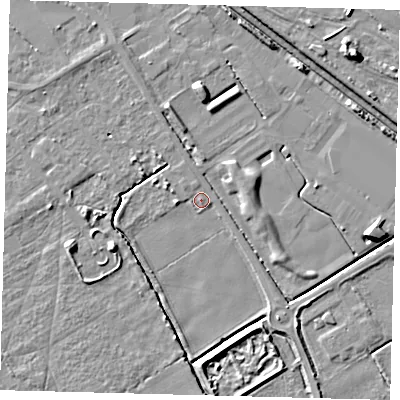 Shaded relief map of the ground around DN401QS, computed from Environment Agency LiDAR. The ground here sits at about 3 m above sea level and falls 10 m across the surrounding 800 m. Surface water reaching this point runs off ground lying to the west, 2.0 m higher.
