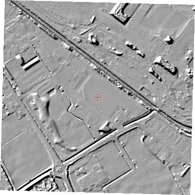 Shaded relief map of the ground around DN401QT, computed from Environment Agency LiDAR. The ground here sits at about 2 m above sea level and falls 12 m across the surrounding 800 m. The ground contributing surface water to this point lies to the south-east.