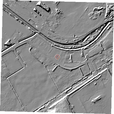 Shaded relief map of the ground around DN401QY, computed from Environment Agency LiDAR. The ground here sits at about 2 m above sea level and falls 10 m across the surrounding 800 m. Surface water reaching this point runs off ground lying to the south, 2.7 m higher.