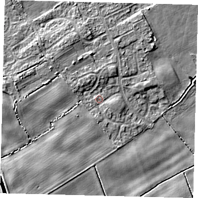 Shaded relief map of the ground around DN401RE, computed from Environment Agency LiDAR. The ground here sits at about 5 m above sea level and falls 13 m across the surrounding 800 m. Surface water reaching this point runs off ground lying to the south-west, 4.3 m higher.