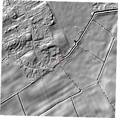 Shaded relief map of the ground around DN401RH, computed from Environment Agency LiDAR. The ground here sits at about 3 m above sea level and falls 7 m across the surrounding 800 m. Surface water reaching this point runs off ground lying to the west-north-west, 3.8 m higher.