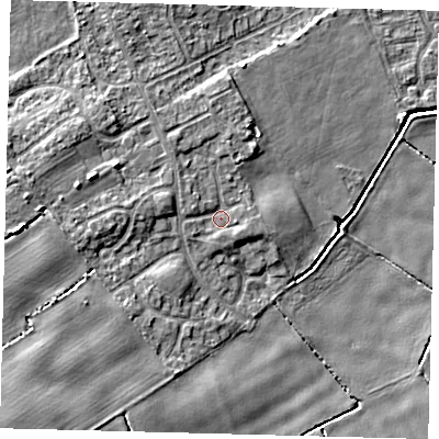 Shaded relief map of the ground around DN401RJ, computed from Environment Agency LiDAR. The ground here sits at about 4 m above sea level and falls 8 m across the surrounding 800 m. Surface water reaching this point runs off ground lying to the west-north-west, 2.8 m higher.
