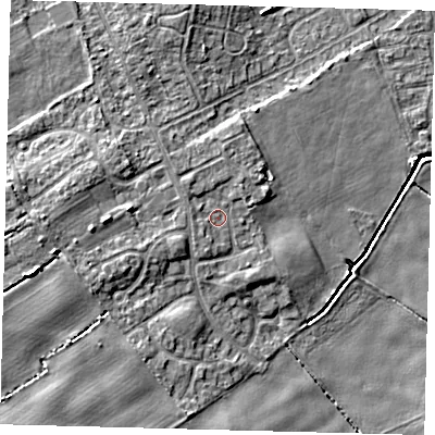 Shaded relief map of the ground around DN401RL, computed from Environment Agency LiDAR. The ground here sits at about 5 m above sea level and falls 8 m across the surrounding 800 m. Surface water reaching this point runs off ground lying to the north-west, 1.1 m higher.