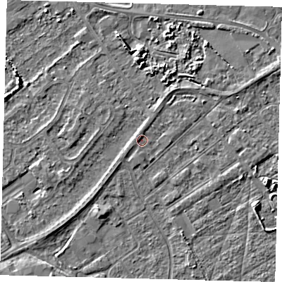 Shaded relief map of the ground around DN401RN, computed from Environment Agency LiDAR. The ground here sits at about 3 m above sea level and falls 4 m across the surrounding 800 m. Surface water reaching this point runs off ground lying to the north, 0.8 m higher.