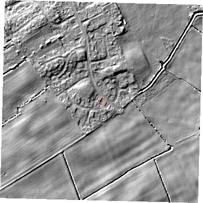Shaded relief map of the ground around DN401RP, computed from Environment Agency LiDAR. The ground here sits at about 4 m above sea level and falls 9 m across the surrounding 800 m. Surface water reaching this point runs off ground lying to the south-west, 5.4 m higher.