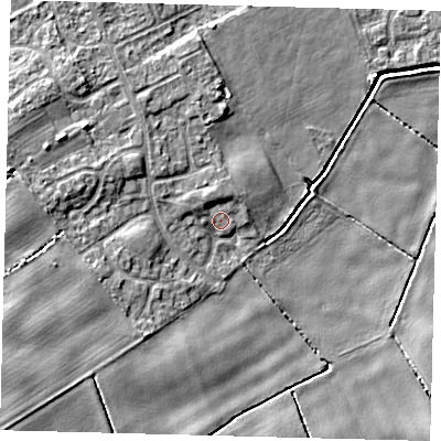 Shaded relief map of the ground around DN401RW, computed from Environment Agency LiDAR. The ground here sits at about 4 m above sea level and falls 8 m across the surrounding 800 m. Surface water reaching this point runs off ground lying to the north-north-west, 2.0 m higher.