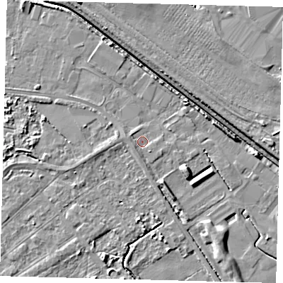 Shaded relief map of the ground around DN401SL, computed from Environment Agency LiDAR. The ground here sits at about 3 m above sea level and falls 7 m across the surrounding 800 m. Surface water reaching this point runs off ground lying to the west-south-west, 1.1 m higher.