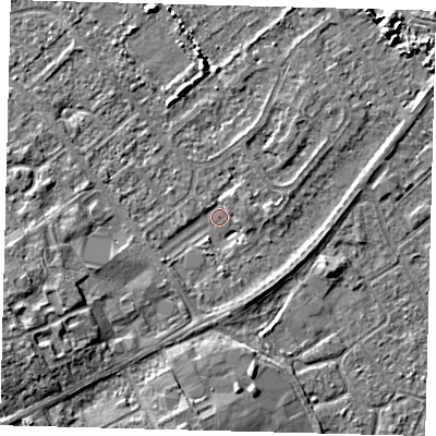 Shaded relief map of the ground around DN402AA, computed from Environment Agency LiDAR. The ground here sits at about 2 m above sea level and falls 7 m across the surrounding 800 m. Surface water reaching this point runs off ground lying to the west-south-west, 6.6 m higher.