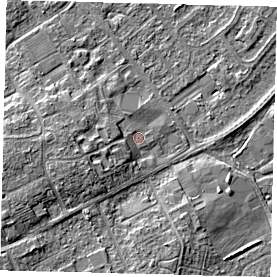Shaded relief map of the ground around DN402AB, computed from Environment Agency LiDAR. The ground here sits at about 4 m above sea level and falls 7 m across the surrounding 800 m. Surface water reaching this point runs off ground lying to the west-south-west, 4.2 m higher.