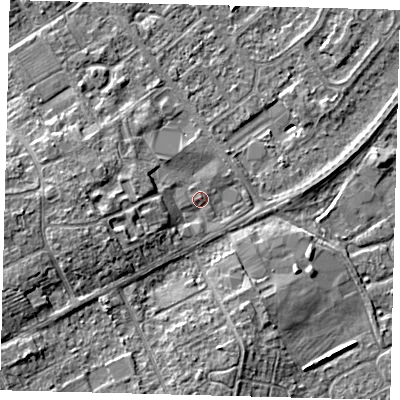 Shaded relief map of the ground around DN402AE, computed from Environment Agency LiDAR. The ground here sits at about 4 m above sea level and falls 7 m across the surrounding 800 m. Surface water reaching this point runs off ground lying to the west-south-west, 4.6 m higher.