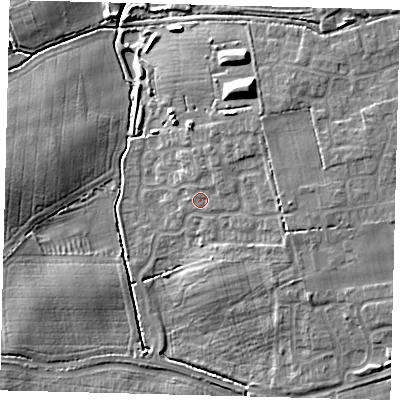 Shaded relief map of the ground around DN402AT, computed from Environment Agency LiDAR. The ground here sits at about 6 m above sea level and falls 11 m across the surrounding 800 m. Surface water reaching this point runs off ground lying to the north-east, 1.4 m higher.