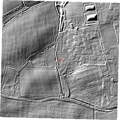 Shaded relief map of the ground around DN402AW, computed from Environment Agency LiDAR. The ground here sits at about 4 m above sea level and falls 11 m across the surrounding 800 m. Surface water reaching this point runs off ground lying to the east-north-east, 5.5 m higher.