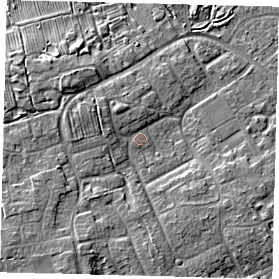 Shaded relief map of the ground around DN402BT, computed from Environment Agency LiDAR. The ground here sits at about 6 m above sea level and falls 8 m across the surrounding 800 m. Surface water reaching this point runs off ground lying to the north-west, 1.6 m higher.