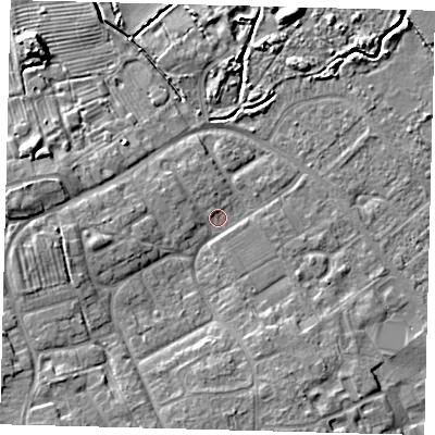 Shaded relief map of the ground around DN402DB, computed from Environment Agency LiDAR. The ground here sits at about 4 m above sea level and falls 9 m across the surrounding 800 m. Surface water reaching this point runs off ground lying to the west-north-west, 2.2 m higher.