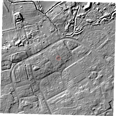 Shaded relief map of the ground around DN402DD, computed from Environment Agency LiDAR. The ground here sits at about 5 m above sea level and falls 9 m across the surrounding 800 m. Surface water reaching this point runs off ground lying to the west-north-west, 0.8 m higher.