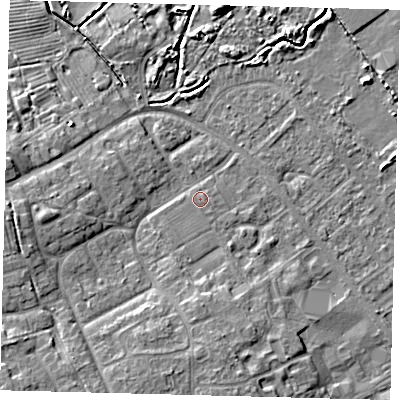 Shaded relief map of the ground around DN402DF, computed from Environment Agency LiDAR. The ground here sits at about 4 m above sea level and falls 8 m across the surrounding 800 m. Surface water reaching this point runs off ground lying to the south-west, 0.7 m higher.