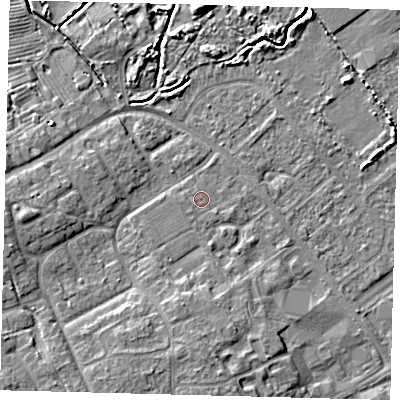 Shaded relief map of the ground around DN402DG, computed from Environment Agency LiDAR. The ground here sits at about 4 m above sea level and falls 7 m across the surrounding 800 m. The ground contributing surface water to this point lies to the west-south-west.