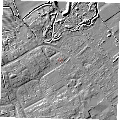 Shaded relief map of the ground around DN402DH, computed from Environment Agency LiDAR. The ground here sits at about 4 m above sea level and falls 8 m across the surrounding 800 m. Surface water reaching this point runs off ground lying to the west, 2.6 m higher.