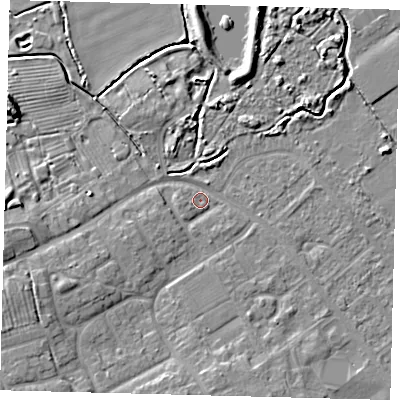 Shaded relief map of the ground around DN402DJ, computed from Environment Agency LiDAR. The ground here sits at about 3 m above sea level and falls 8 m across the surrounding 800 m. Surface water reaching this point runs off ground lying to the west-south-west, 6.5 m higher.