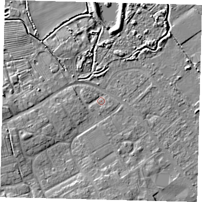 Shaded relief map of the ground around DN402DQ, computed from Environment Agency LiDAR. The ground here sits at about 3 m above sea level and falls 8 m across the surrounding 800 m. Surface water reaching this point runs off ground lying to the west-south-west, 2.1 m higher.
