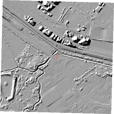 Shaded relief map of the ground around DN402DW, computed from Environment Agency LiDAR. The ground here sits at about 3 m above sea level and falls 18 m across the surrounding 800 m. Surface water reaching this point runs off ground lying to the north, 1.5 m higher.
