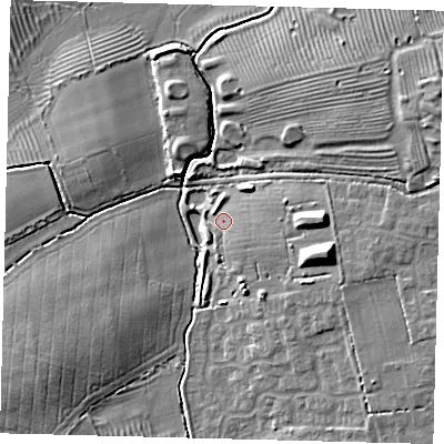 Shaded relief map of the ground around DN402FD, computed from Environment Agency LiDAR. The ground here sits at about 5 m above sea level and falls 11 m across the surrounding 800 m. Surface water reaching this point runs off ground lying to the south-east, 2.9 m higher.