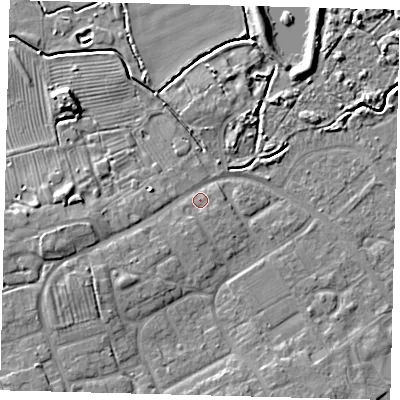 Shaded relief map of the ground around DN402HB, computed from Environment Agency LiDAR. The ground here sits at about 5 m above sea level and falls 9 m across the surrounding 800 m. Surface water reaching this point runs off ground lying to the west-south-west, 6.3 m higher.