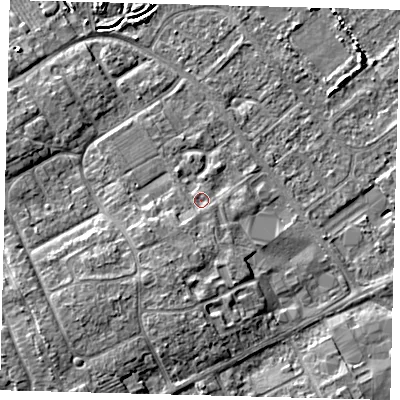 Shaded relief map of the ground around DN402HR, computed from Environment Agency LiDAR. The ground here sits at about 4 m above sea level and falls 8 m across the surrounding 800 m. Surface water reaching this point runs off ground lying to the south, 0.9 m higher.
