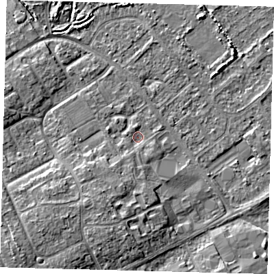 Shaded relief map of the ground around DN402HS, computed from Environment Agency LiDAR. The ground here sits at about 4 m above sea level and falls 8 m across the surrounding 800 m. Surface water reaching this point runs off ground lying to the south-south-west, 1.7 m higher.