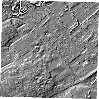 Shaded relief map of the ground around DN402HT, computed from Environment Agency LiDAR. The ground here sits at about 3 m above sea level and falls 8 m across the surrounding 800 m. Surface water reaching this point runs off ground lying to the south-west, 1.8 m higher.