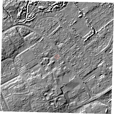 Shaded relief map of the ground around DN402HU, computed from Environment Agency LiDAR. The ground here sits at about 3 m above sea level and falls 8 m across the surrounding 800 m. Surface water reaching this point runs off ground lying to the south-south-west, 2.4 m higher.