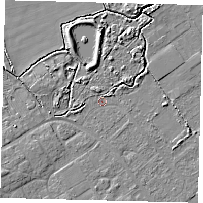 Shaded relief map of the ground around DN402JA, computed from Environment Agency LiDAR. The ground here sits at about 3 m above sea level and falls 7 m across the surrounding 800 m. Surface water reaching this point runs off ground lying to the south-west, 6.4 m higher.
