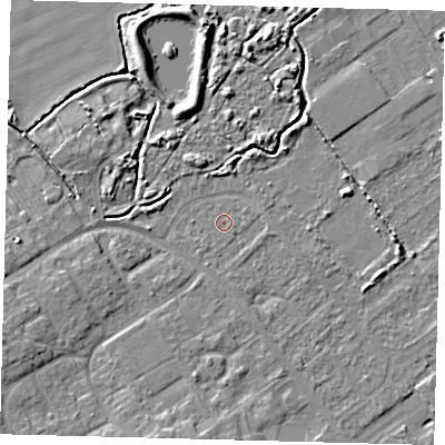 Shaded relief map of the ground around DN402JD, computed from Environment Agency LiDAR. The ground here sits at about 3 m above sea level and falls 7 m across the surrounding 800 m. Surface water reaching this point runs off ground lying to the east, 0.9 m higher.