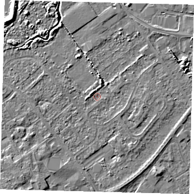 Shaded relief map of the ground around DN402JJ, computed from Environment Agency LiDAR. The ground here sits at about 3 m above sea level and falls 6 m across the surrounding 800 m. Surface water reaching this point runs off ground lying to the north-west, 1.8 m higher.