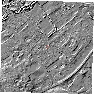 Shaded relief map of the ground around DN402JL, computed from Environment Agency LiDAR. The ground here sits at about 3 m above sea level and falls 7 m across the surrounding 800 m. Surface water reaching this point runs off ground lying to the south-west, 5.4 m higher.