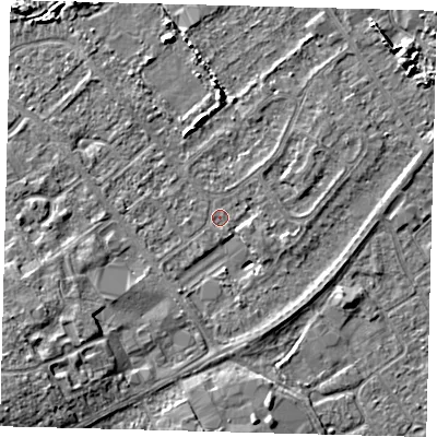 Shaded relief map of the ground around DN402JP, computed from Environment Agency LiDAR. The ground here sits at about 3 m above sea level and falls 7 m across the surrounding 800 m. Surface water reaching this point runs off ground lying to the west-south-west, 5.4 m higher.