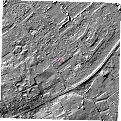 Shaded relief map of the ground around DN402JR, computed from Environment Agency LiDAR. The ground here sits at about 3 m above sea level and falls 7 m across the surrounding 800 m. Surface water reaching this point runs off ground lying to the west-south-west, 6.6 m higher.