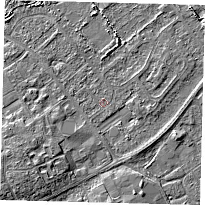 Shaded relief map of the ground around DN402JS, computed from Environment Agency LiDAR. The ground here sits at about 3 m above sea level and falls 7 m across the surrounding 800 m. Surface water reaching this point runs off ground lying to the west-south-west, 5.4 m higher.