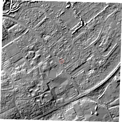 Shaded relief map of the ground around DN402JU, computed from Environment Agency LiDAR. The ground here sits at about 3 m above sea level and falls 7 m across the surrounding 800 m. Surface water reaching this point runs off ground lying to the west-south-west, 1.7 m higher.