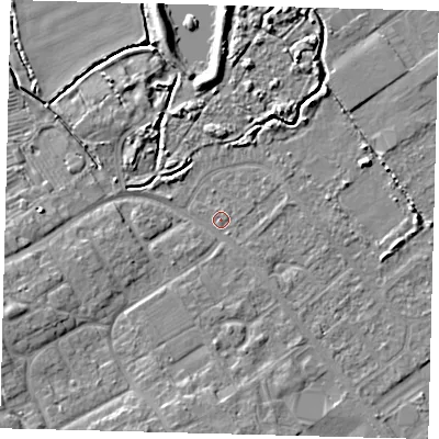 Shaded relief map of the ground around DN402JY, computed from Environment Agency LiDAR. The ground here sits at about 3 m above sea level and falls 7 m across the surrounding 800 m. Surface water reaching this point runs off ground lying to the west-south-west, 5.6 m higher.
